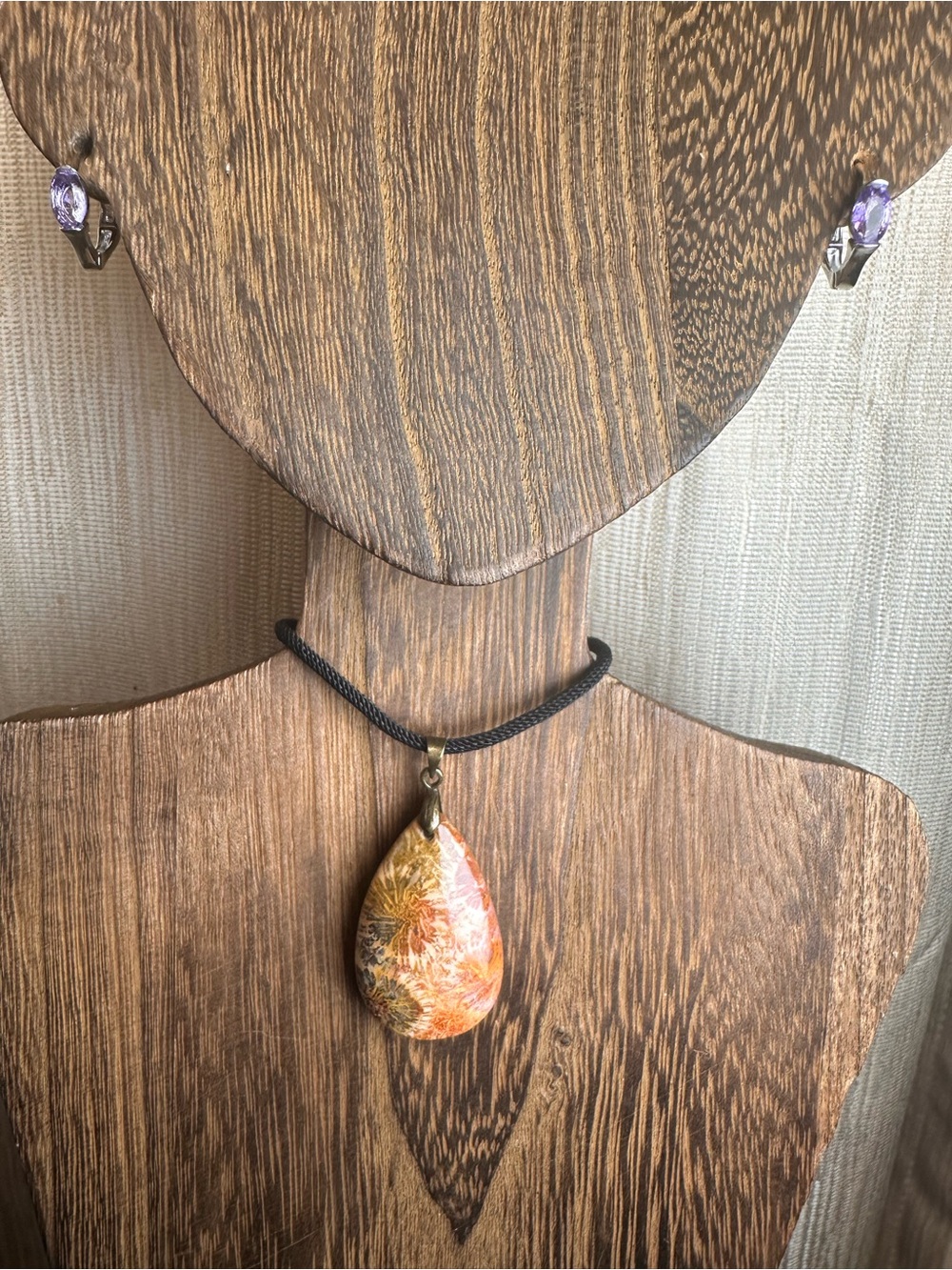 Orange and Black Coral Fossil Teardrop Pendant Necklace on Black Rope - Picture 8 of 16